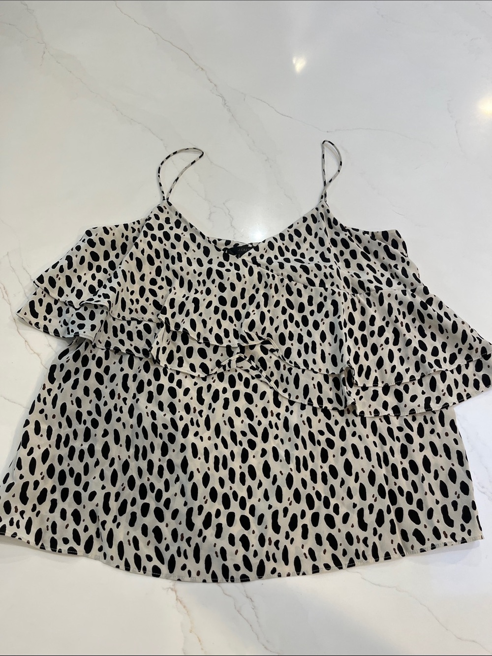 J. Crew Cream and Black Spotted Ruffle Camisole